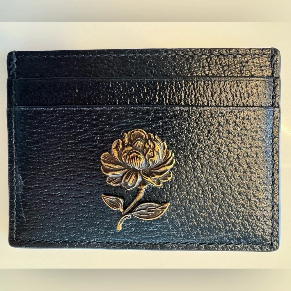 RARE Gucci Garden Black Pebbled Leather Rose Card Holder Wallet